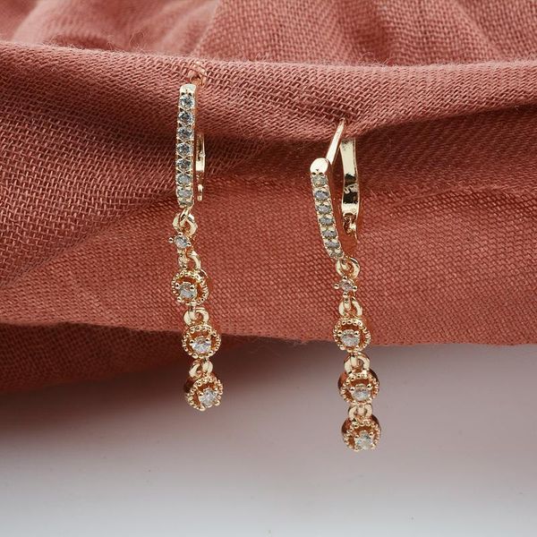

fj women 585 rose gold color dangle drop earrings three round white stone long earrings, Golden