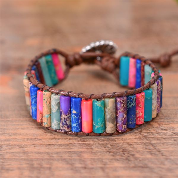 

boho tube shape natural stone beaded bracelet unique friendship leather bracelet dropshipping single leather wrap, Golden;silver