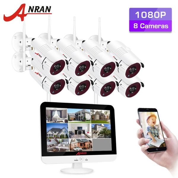 Sistema de câmeras de segurança doméstica Anran Kit de vigilância de vídeo CCTV 1080p HD Câmera Wi -Fi de Visão Noturna ao ar livre 12 polegadas Monitor NVR Kit
