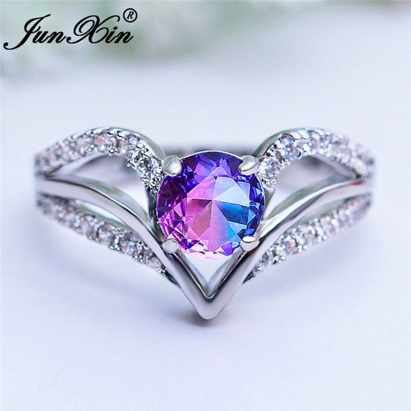 

wedding rings colorful crystal stone rainbow for women white gold boho geometric bands purple red green ring cz, Slivery;golden