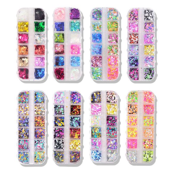 

nail glitter 1 box 12 colors 1-3mm art butterfly sequins/12 grid strip sequins butterfly/round 3d laser holographic ,, Silver;gold