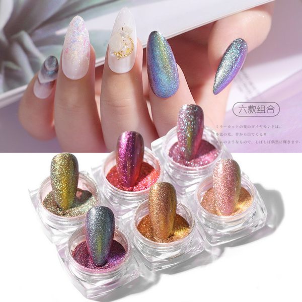

nail glitter 6 pc suit japanese quicksand pigment dust gold flash laser powder bright color chrome for art manicure diy, Silver;gold