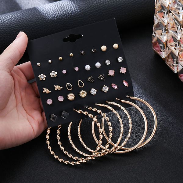 

20 pairs/set fashion female metal pearl pink rhinestone stud earrings set for women gold circle big earring mix party jewelry, Golden;silver