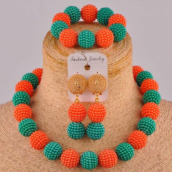 

earrings & necklace teal green army orange african nigerian beads jewelry set simulated pearl costume wedding sets fzz97, Silver