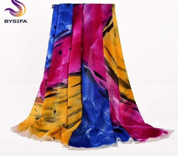 

bysifa] winter wool scarves wraps women chinese hand painted long wool shawl scarf blue pink yellow cashmere scarves 180*70cm, Blue;gray