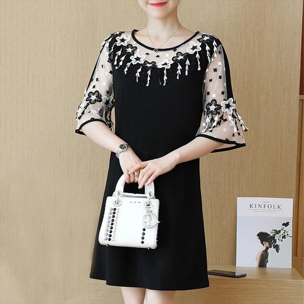 

new 2020 spring summer women dress femme black lace loose vestidos casual plus size elegant ladies dresses vintage 5xl 012, Black;gray