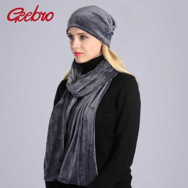 

geebro 2pcs women's beanies hat and scarf winter casual warm velvet scarf for women ladies 100% polyester scarves and hats dq090, Blue;gray