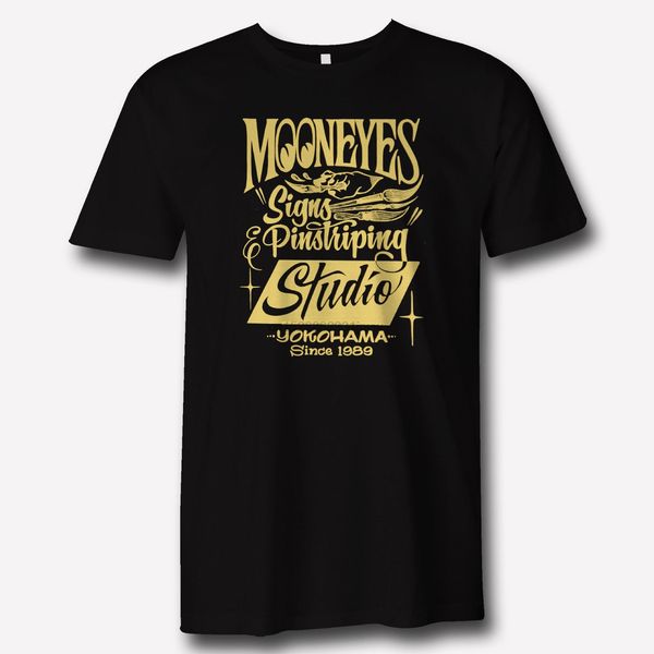 

mooneyes moon equipped speed signs pinstriping studio apparel logo black t shirt