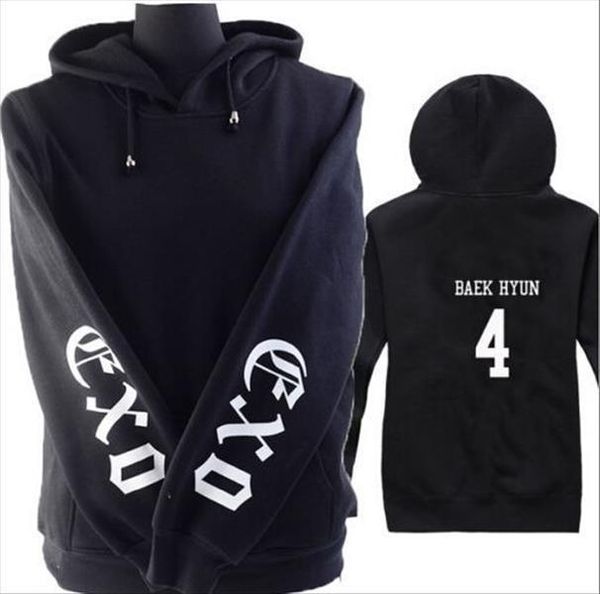 

kpop exo printing on the sleeve member name prining on the back black hoodie for men women loose sweatshirt tracksuit