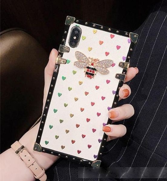 

luxury leather phone cases for iphone 11 pro x xs max xr 7 8 plus fashion square rhinestone 3d bee phone back cover coque case