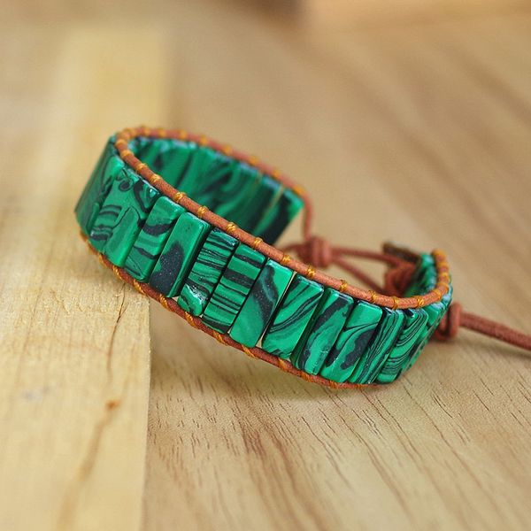 

charm bracelets women men boho malachite bracelet handmade jewelry natural stone tube beads leather wrap creative gifts, Golden;silver
