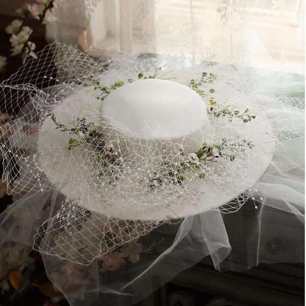

new elegant women big brim flower hats wedding facinators linen mesh birdcage veil ivory princess bride lace hat accessorios, Blue;gray