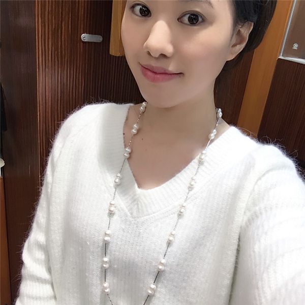 

new natural 8-9mm freshwater pearl sweater chain strong light nearly round plated tube small beads long necklace long 85cm, Silver