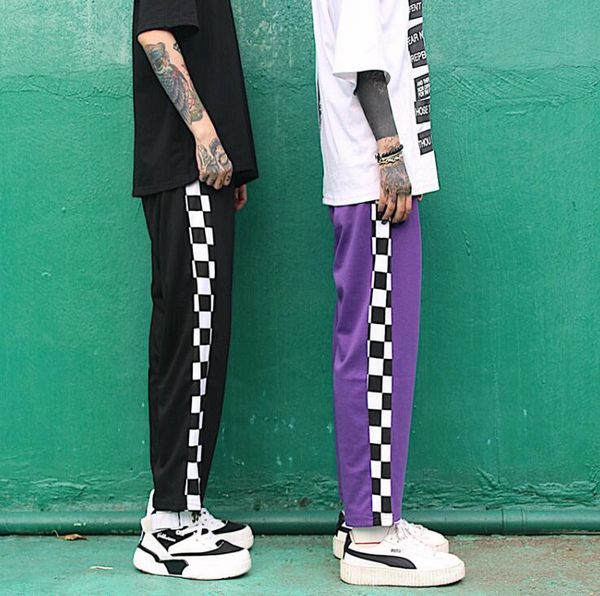 

new men's and women's street retro checkerboard black and white grid stitching straight elastic sports leisure long pants, Black;white