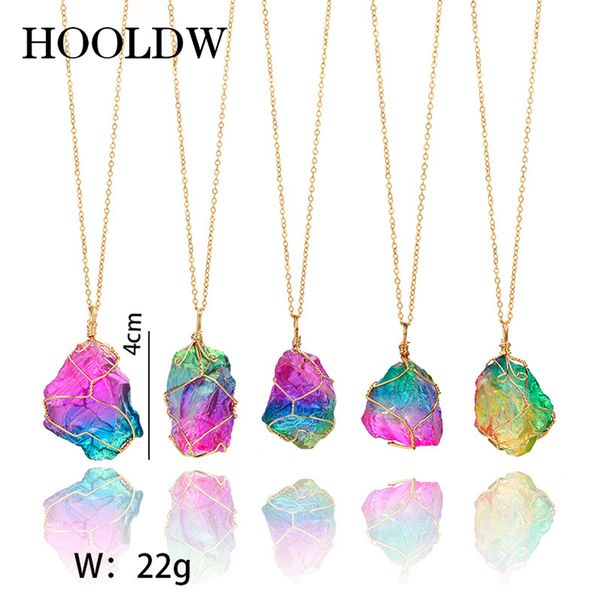 

hooldw new rainbow natural stone crystal pendant necklace wire wrapping irregular drusy quartz stone necklaces for women gift, Silver