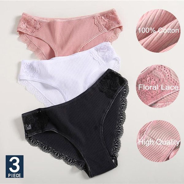 

3pcs/set cotton underwear women's panties comfort underpants floral lace briefs for woman low-rise pantys intimates  l xl, Black;pink