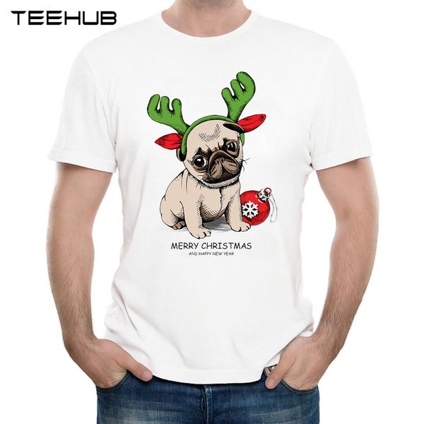

2019 men's new fashion cute puppy pug in a antler printed short sleeve t-shirt summer cool male