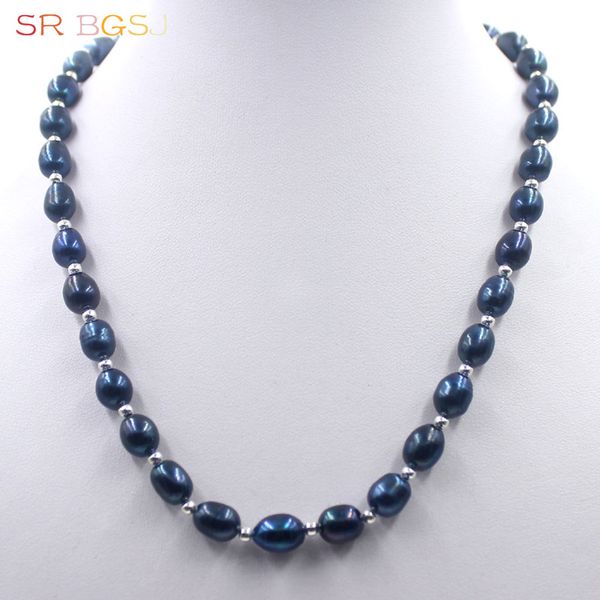 

chokers 8-9mm olivary rice freshwater pearl copper spacer flower clasp necklace 19", Golden;silver
