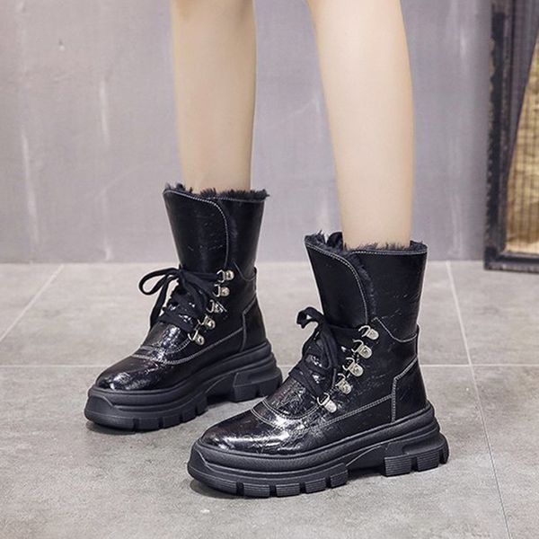

women ankle boots lace-up sewing pu leather warm plush inside ladies shoes female platform warm footwear 2020 comfortable new, Black