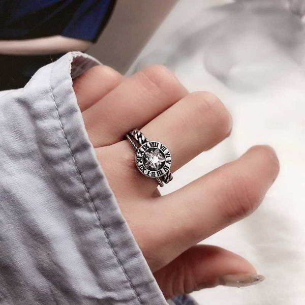 

cluster rings vintage star cubic zirconia engraved roman numeral 925 sterling silver ring for women korean round jewelry gift, Golden;silver