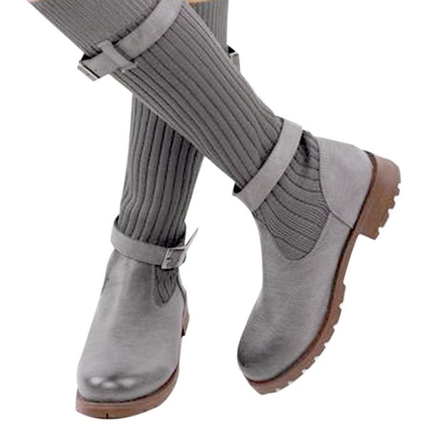 

new fashion 2020 knee elastic belt bukle boots chunky stretch women booties short boots solid color casual waterproof shoes, Black