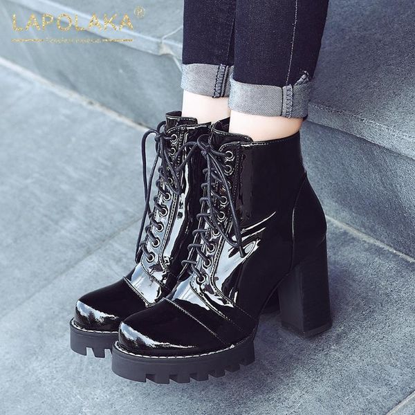 

lapolaka 2020 big size 42 genuine leather luxury boots woman shoes platform chunky high heels zipper shoes ladies boots, Black
