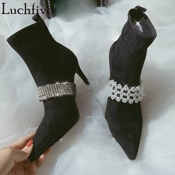 

crystal kid suede women's boots clear heels party shoes pointy toe ladies boots elastic black for women