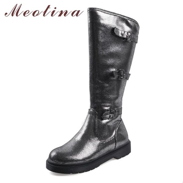 

meotina winter knee high boots women buckle flat riding boots zipper round toe shoes ladies autumn big size 34-43, Black