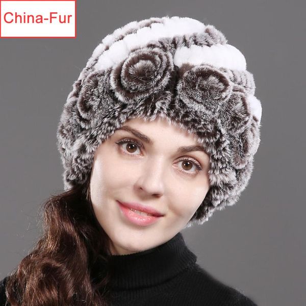 

new russia winter women flower striped natural real fur hats lady warm knit genuine rex fur caps outdoor beanies hats, Blue;gray