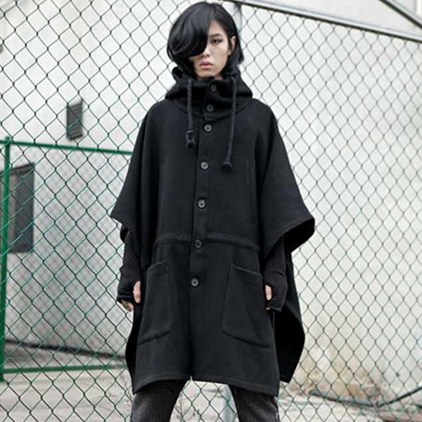 

men's wool & blends woollen coat autumn/winter korean version of bat hooded cape medium and long woolen trend, Black
