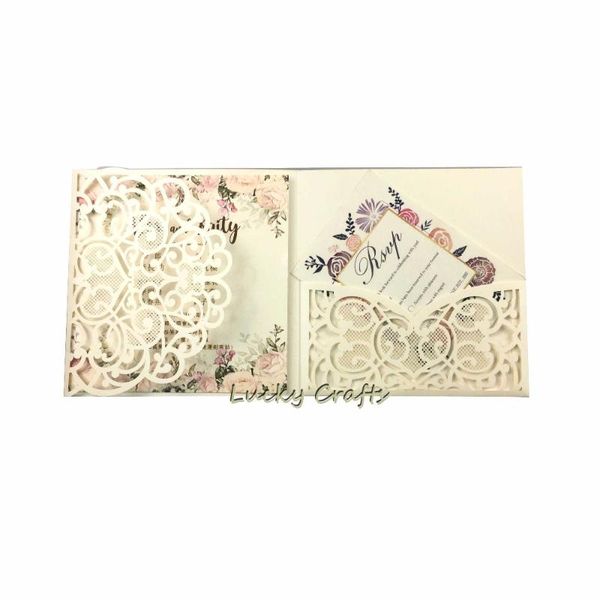 

greeting cards 50pcs elegant square tri-fold pocketfold laser cut lace wedding invitations trifold pocket invitation card gatefold anniversa