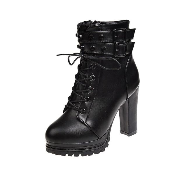 

womens ankle boots platform pumps winter black heeled shoes lady fashion buckle strap square heel plush high heel boots