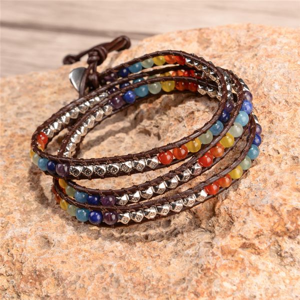 

beaded, strands pulsera chakra joyería de cuero hecha a mano, tipo wrap brazalete multicolor cuentas cristal repuesto pie, Black