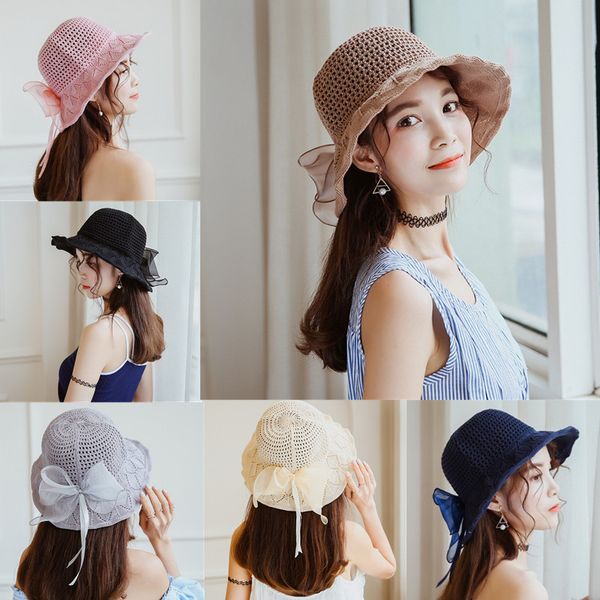 

ruby vicky female summer folding outdoor travel shade fisherman hat bow openwork knit bucket hat hand cap, Blue;gray