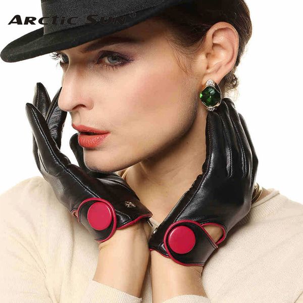 

five fingers gloves 2021 high-end women genuine leather contrast color fashion slim sheepskin glove wrist button solid el028nn, Blue;gray