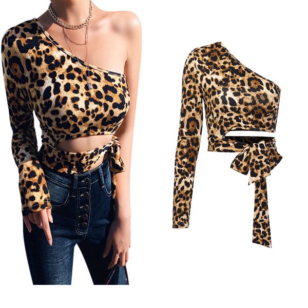 

women leopard crop one shoulder long sleeve cut out tie waist slim skinny t-shirt clubwear, White