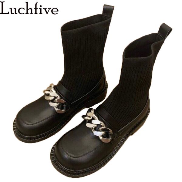 

woman socks boots round toe silver metal chain design leather ankle boots british style knitted elastic slip on lazy woman, Black