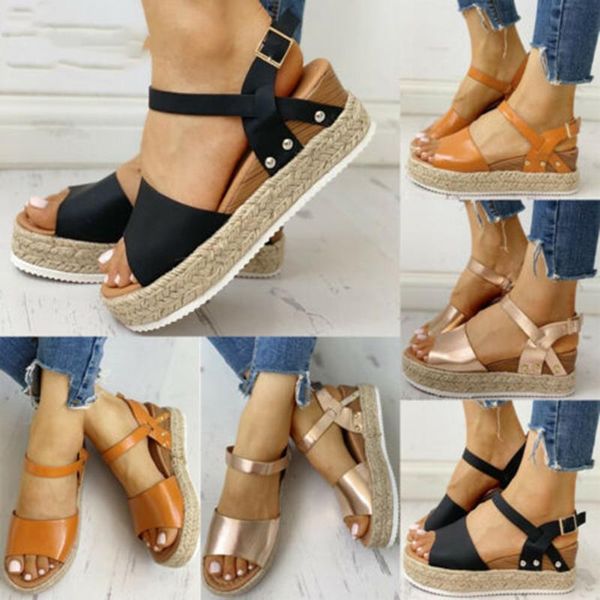 

womens ankle strap flatform wedges shoes espadrilles open toe platform sandals summer j55, Black