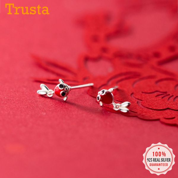 

stud trustdavis fish red enamel earrings for women 925 sterling silver spring ear studs festival fashion jewelry da946, Golden;silver