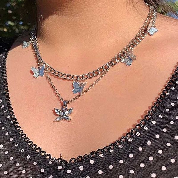 

chokers 2pcs/set women necklaces set classic butterfly crystal pendant clavicle chain multilayer silver color necklace female jewelry, Golden;silver