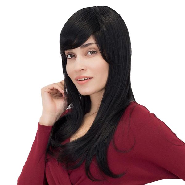 

chic long wigs for pretty girls real human hair & bangs silky curly wig black for cosplay party dress