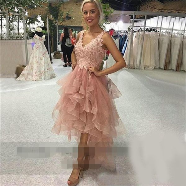 

high low v neck knee length lace prom dresses high low vestidos de gala appliques tulle cascading ruffles evening gowns robe de cocktail, Black;red