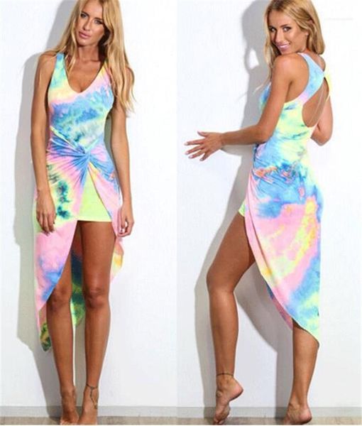 

tie dyed v neck dresses fashion sleeveless asymmetrical dresses backless hollow out dresses for women sexy, Black;gray