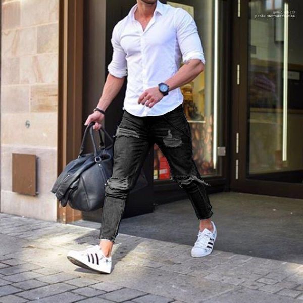 

19ss осень мужские рваные черные джинсы hombres колено дыры дизайнер жан pants, Blue
