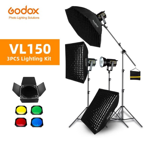 

godox 3pcs vl150 150w 5600k white version led video continuous light + 70x100cm grid softbox + 2.8m light stand studio