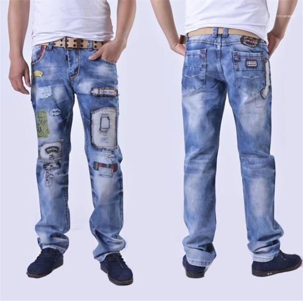 

casual patchwork washed loose zipper fly mid waist jeans mens clothing hole straight mens designer jeans fashion, Blue