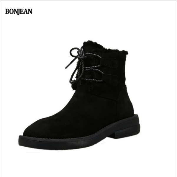 

women snow boots winter fur ankle boot female bowtie warmer plush suede rubber flat slip on fashion platform ladies shoes, Black