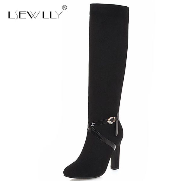 

lsewilly autumn shoes woman knee high boots patent leather square high heels pointed toe fashion ladies riding boots size 43 e49, Black