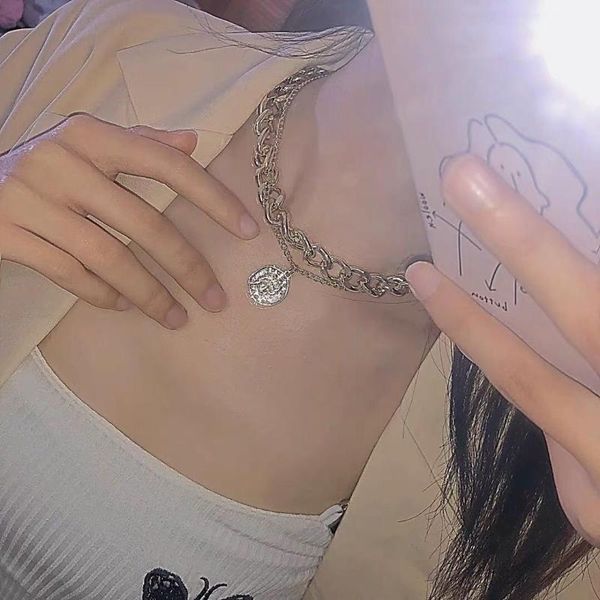 

retro head portrait thick chain necklace personality cold double layer nightclub hip hop short collarbone neck chain femal gift, Silver