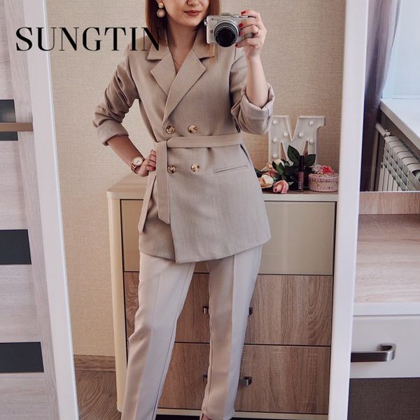 

sungtin long blazer women with belt for office ladies work vintage 2020 loose women blazers and jackets suit feminino casual new, White;black